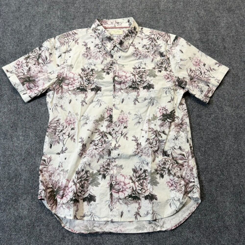 7 Diamonds Aura Mens L Floral Button Up Shirt Short Sleeve Cream Pink Stretch